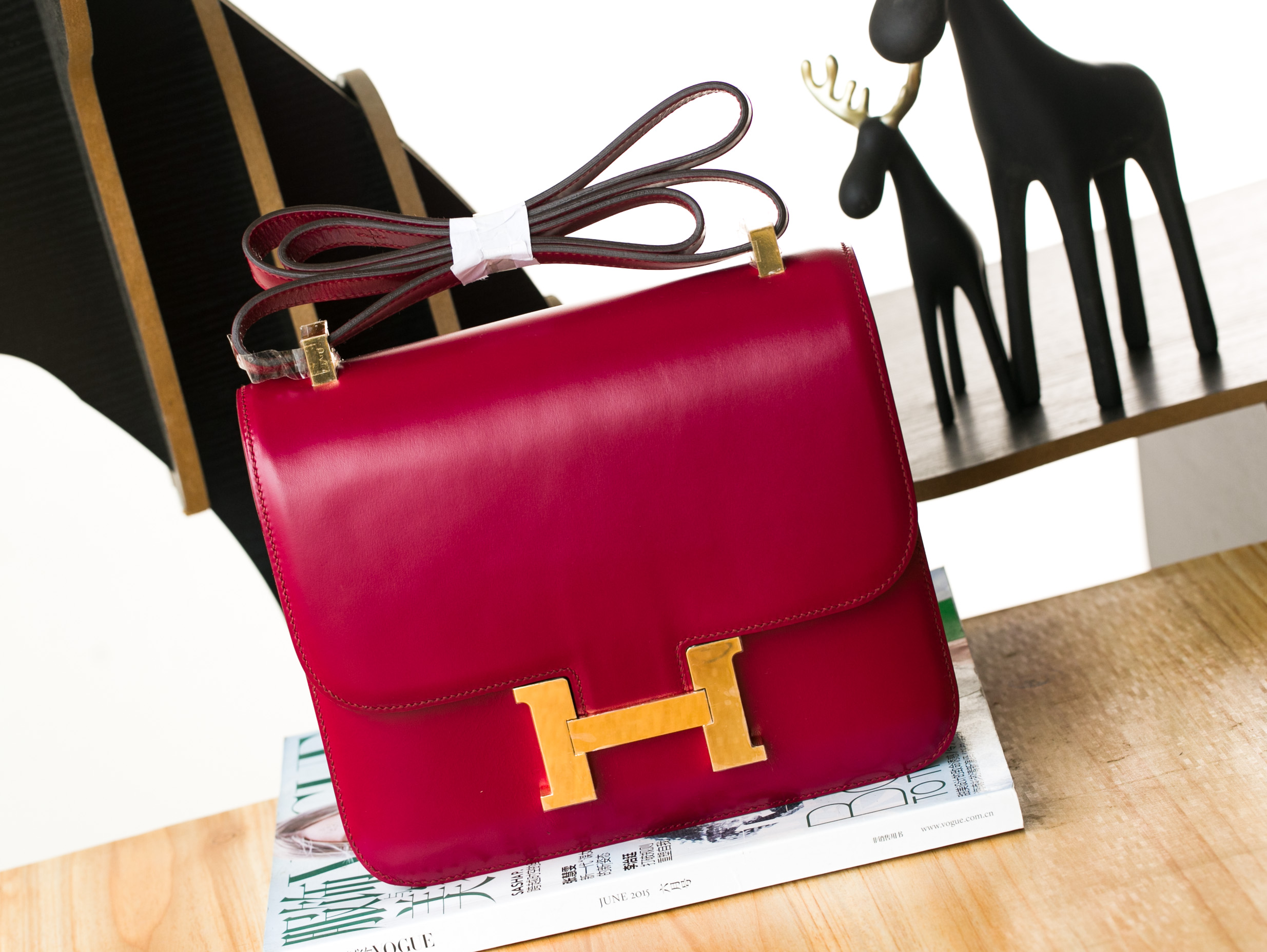 爱马仕空姐包 Hermes Constance 24cm B5宝石红进口顶级box牛皮 金扣
