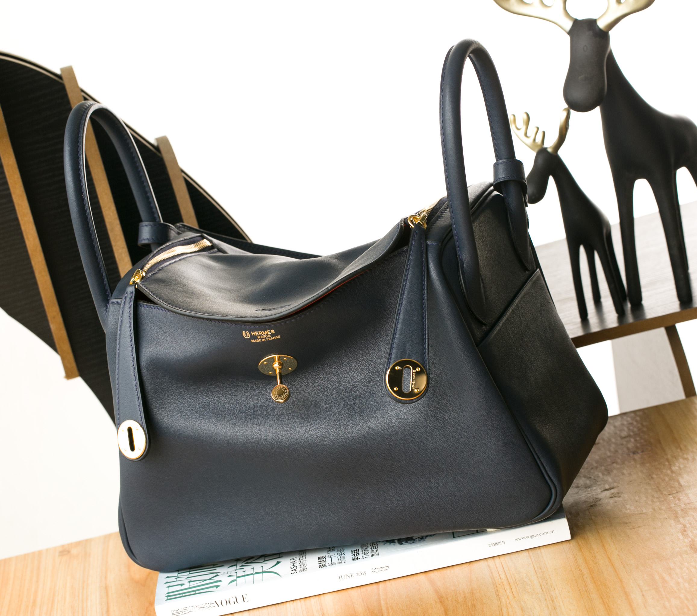 爱马仕琳迪包 Hermes Lindy30cm 午夜蓝拼罂粟橘口Swift牛皮