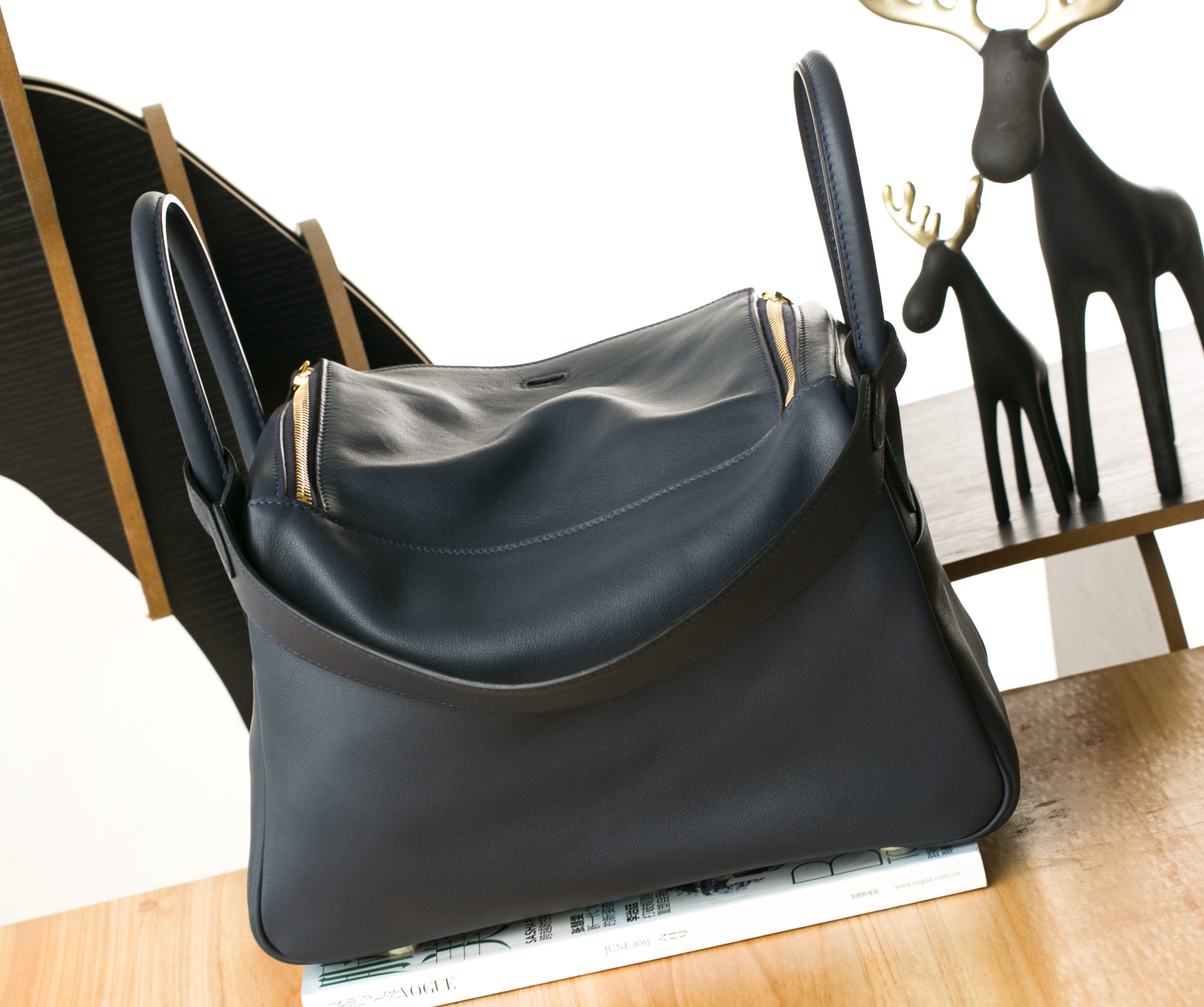 爱马仕琳迪包 Hermes Lindy30cm 午夜蓝拼罂粟橘口Swift牛皮