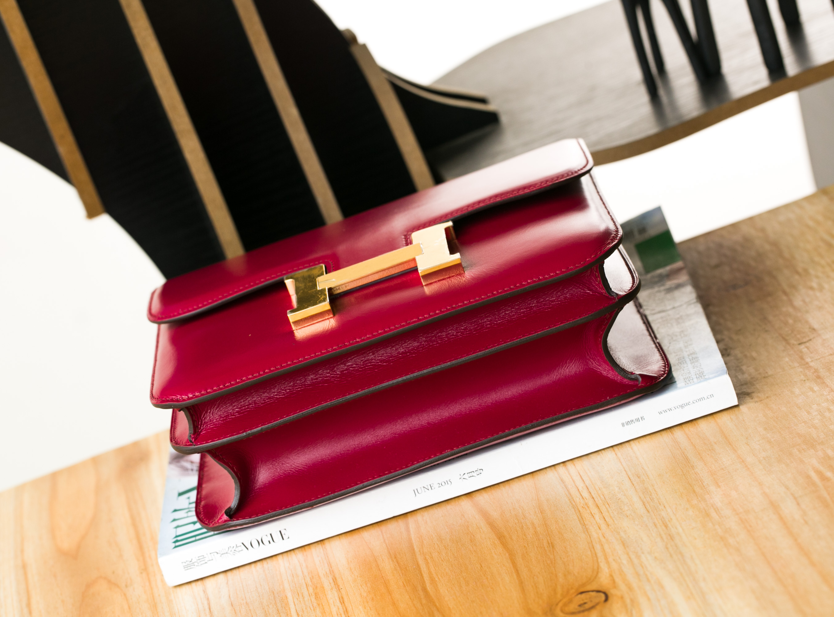 爱马仕空姐包 Hermes Constance 24cm B5宝石红进口顶级box牛皮 金扣
