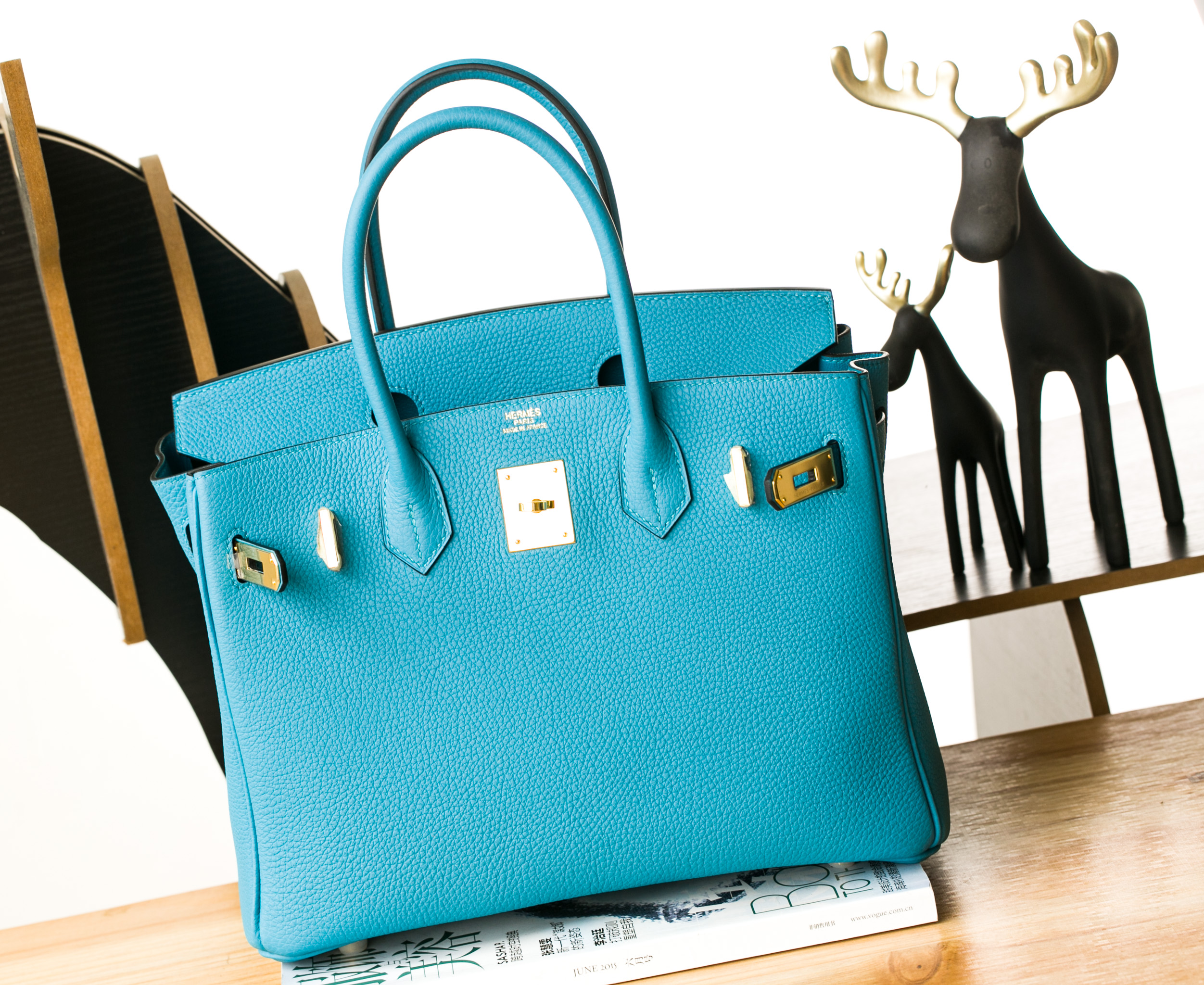 厂家直销 Hermes爱马仕7B松石蓝原厂togo牛皮Birkin30铂金包