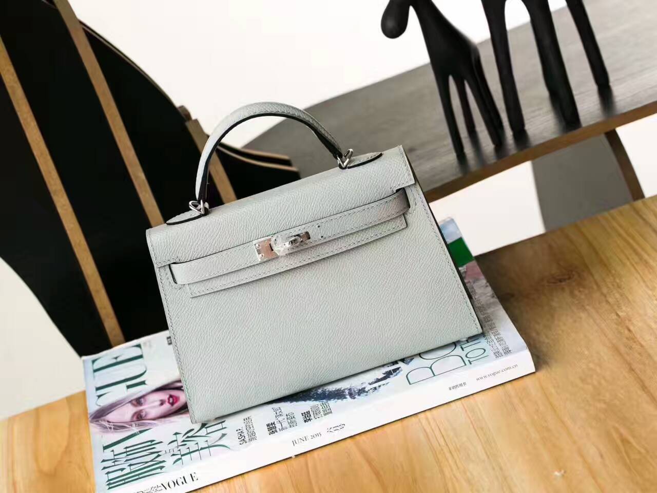 Hermes爱马仕迷你凯莉包 8U冰川蓝原厂epsom牛皮Minikelly 18cm