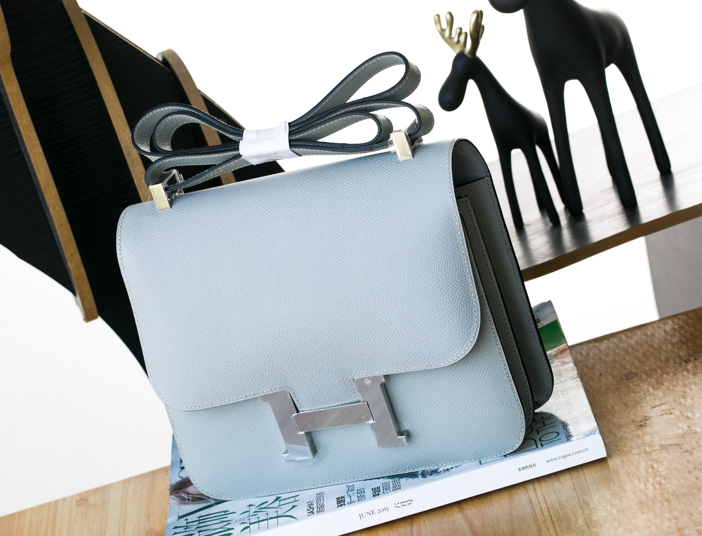 爱马仕女包官网 Hermes J7亚麻蓝原厂epsom牛皮空姐包24cm 银扣
