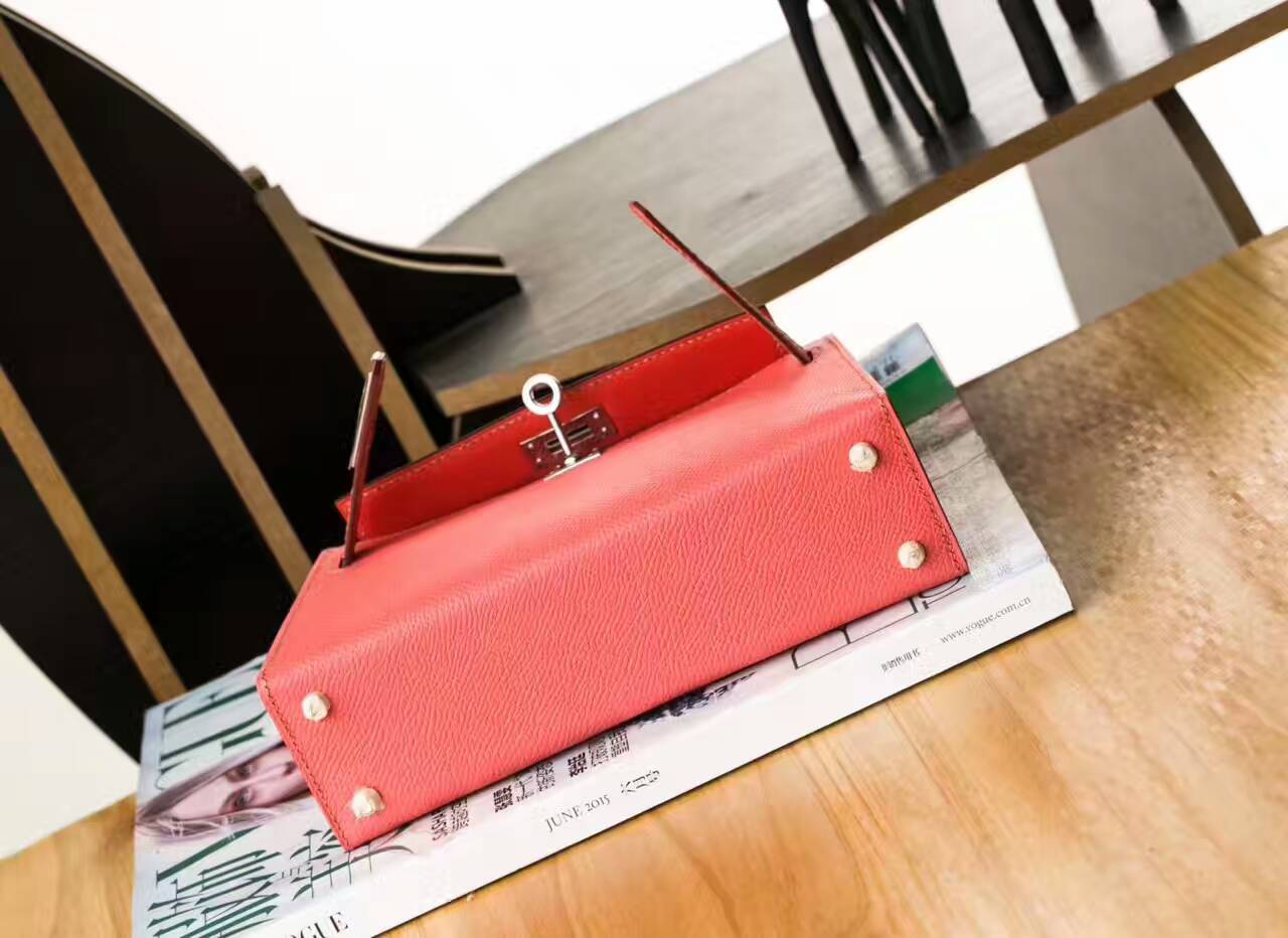 爱马仕女包价格 Hermes 火烈鸟粉原厂epsom牛皮Minikelly迷你凯莉包18cm