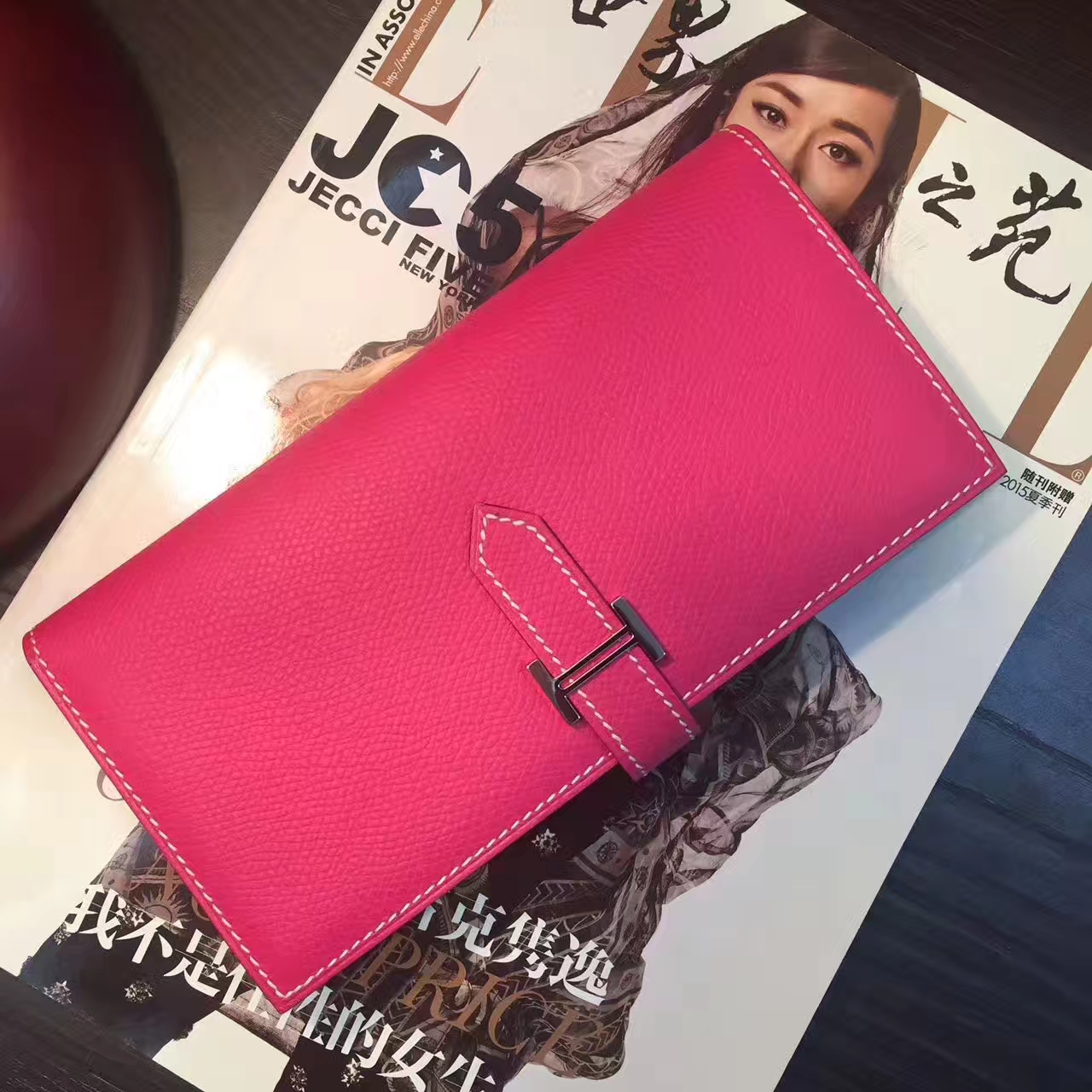 爱马仕钱夹手包 Hermes E5糖果粉原厂epsom牛皮长款钱包