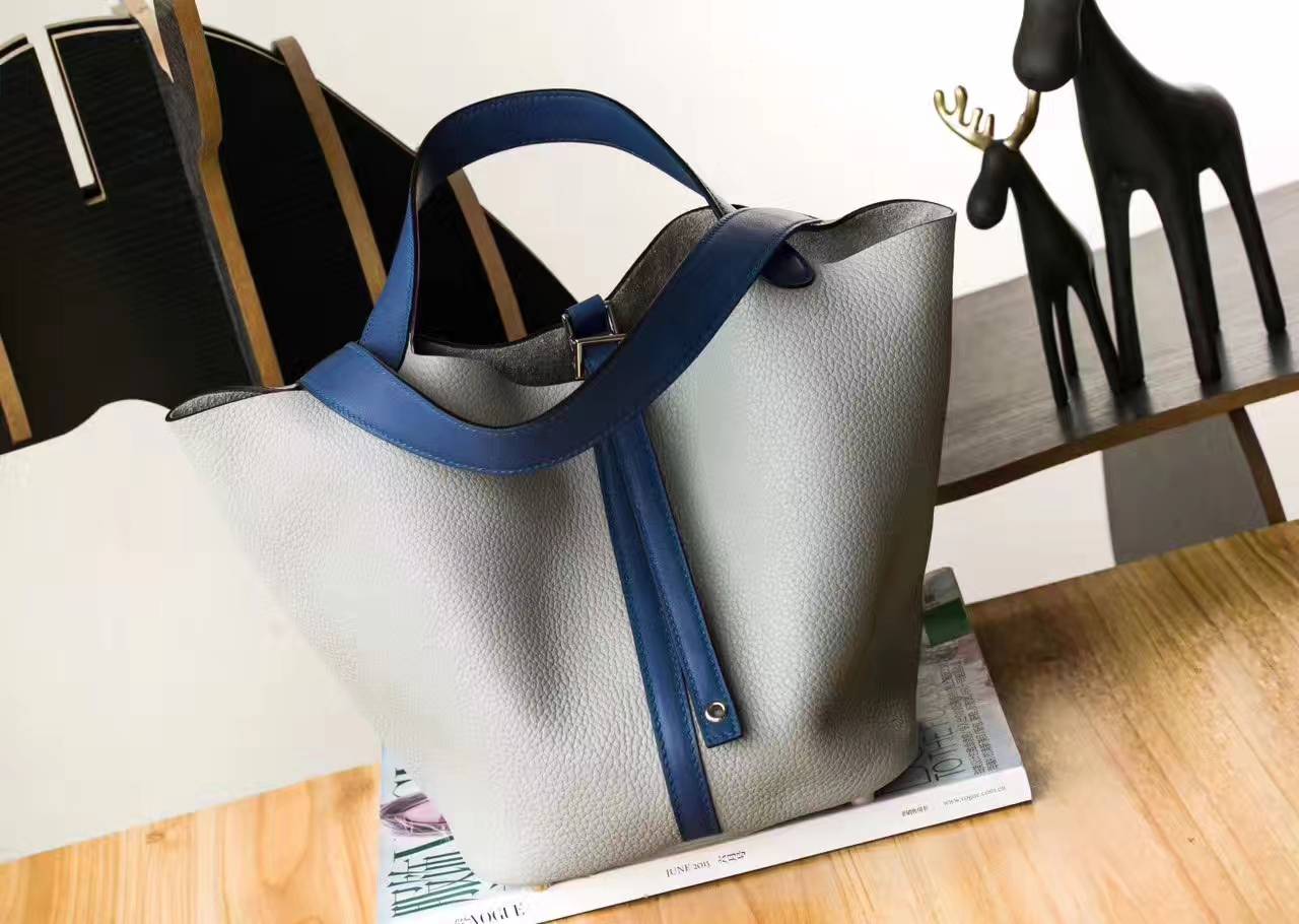 爱马仕水桶包 Hermes 冰川灰拼玛瑙蓝原厂TC牛皮Picotin 22cm