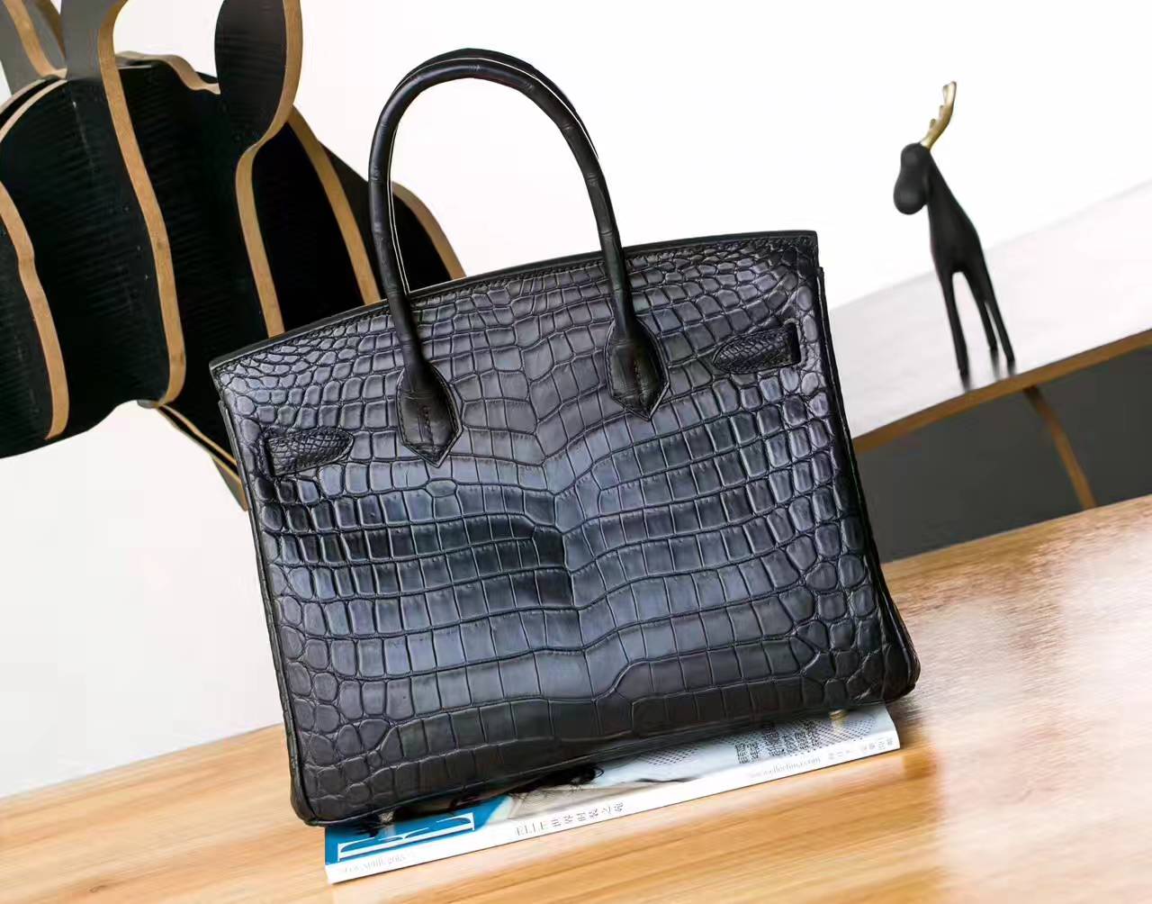 Hermes包包官网 爱马仕黑色雾面两点鳄鱼皮Birkin30铂金包