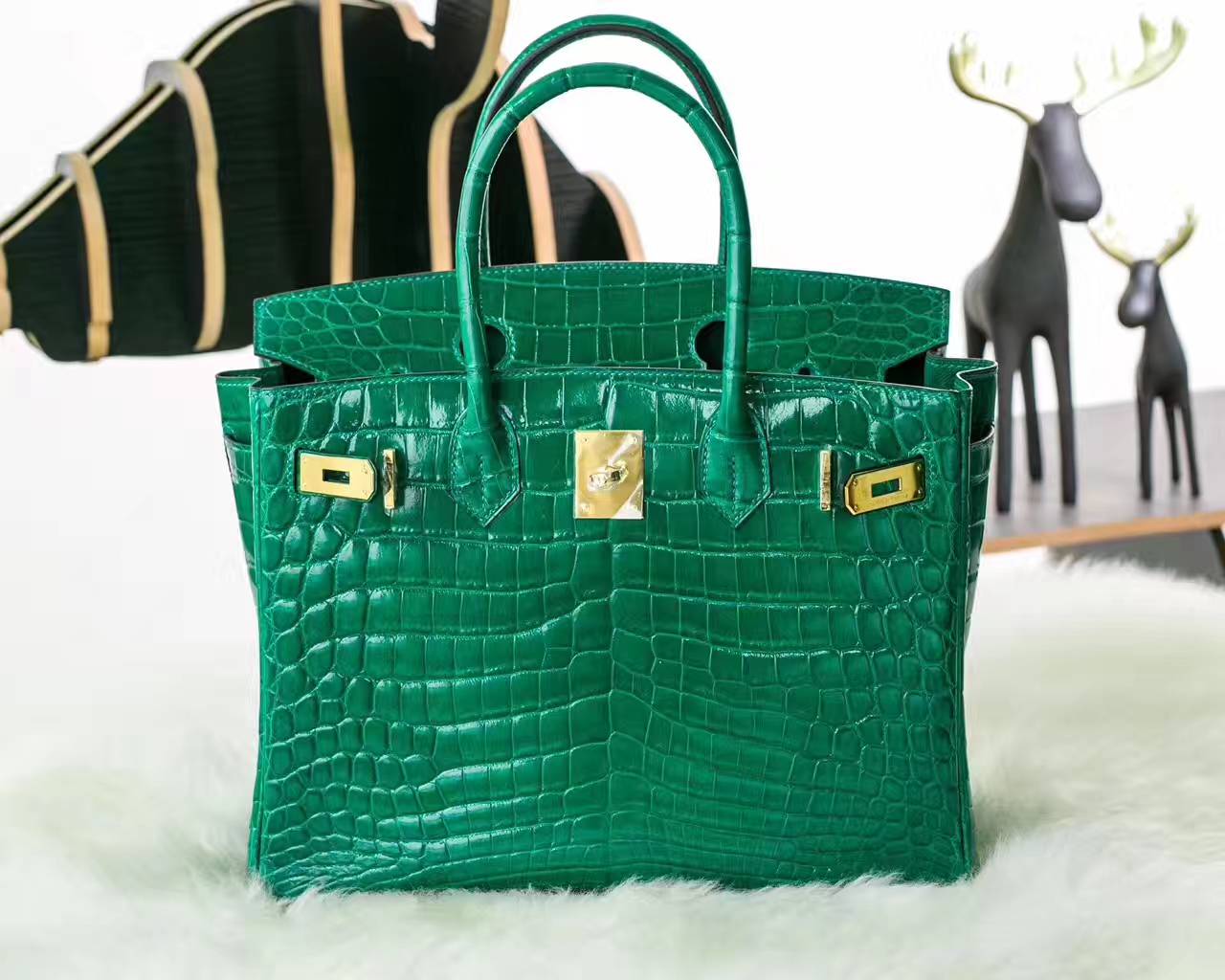 爱马仕Birkin女包 爱马仕6Q翡翠绿亮面两点鳄鱼皮铂金包30cm