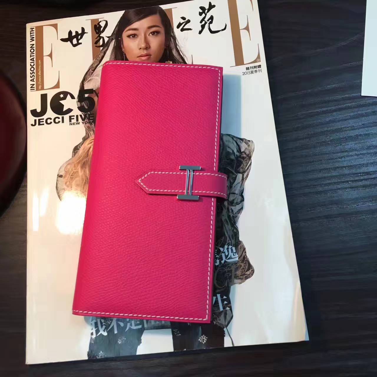 爱马仕钱夹手包 Hermes E5糖果粉原厂epsom牛皮长款钱包