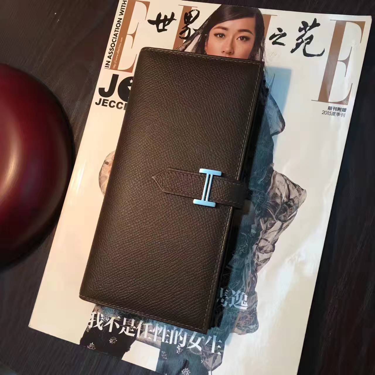 Hermes钱夹货源 爱马仕西装夹H扣 深咖啡色epsom牛皮