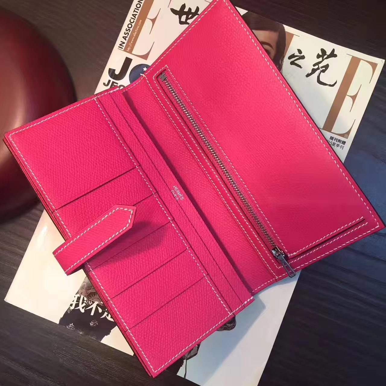 爱马仕钱夹手包 Hermes E5糖果粉原厂epsom牛皮长款钱包