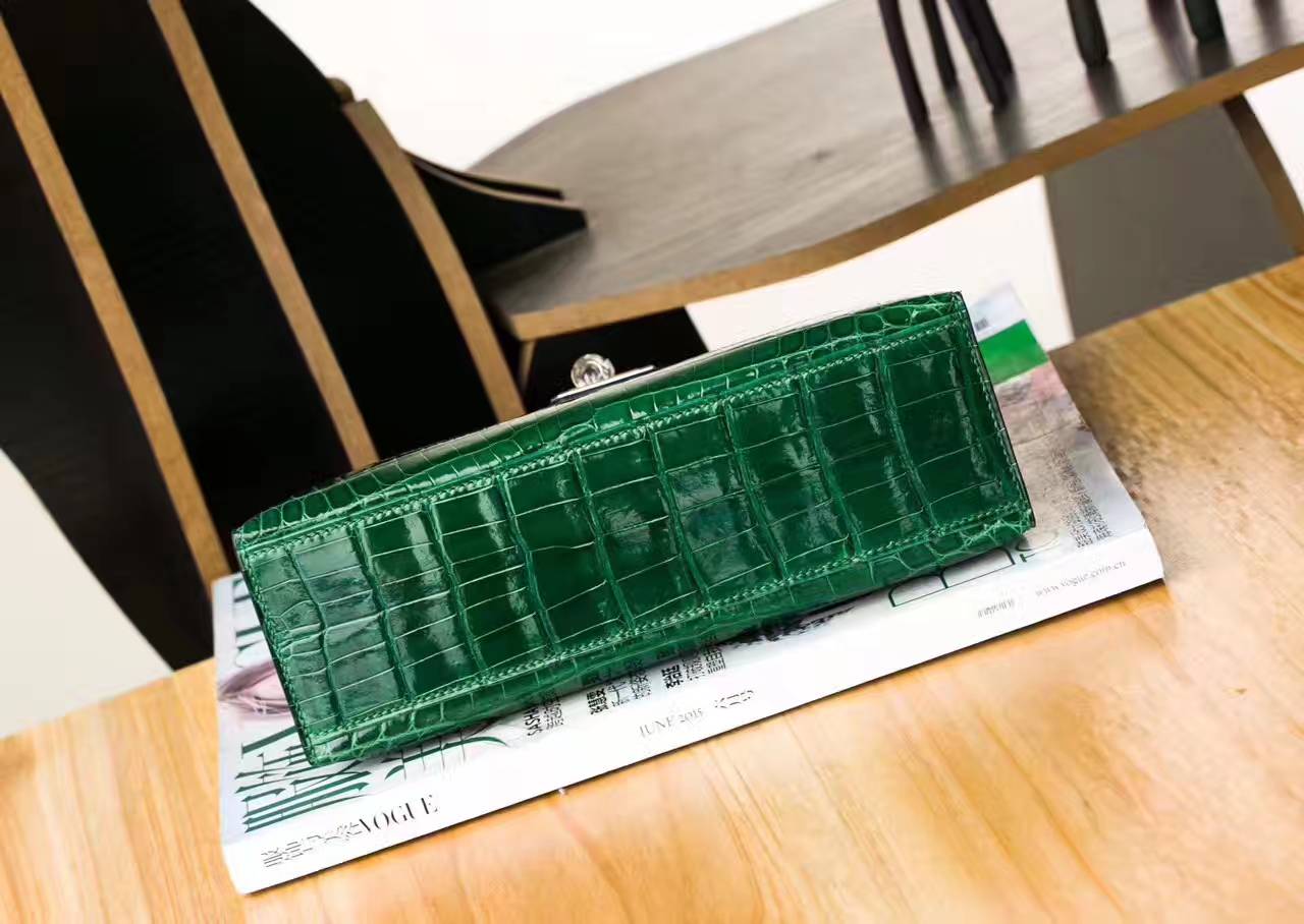 Hermes爱马仕迷你凯莉包 6Q翡翠绿亮面两点鳄鱼皮Minikelly 22cm