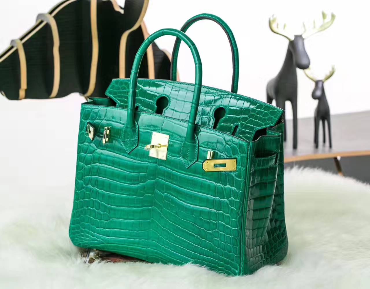 爱马仕Birkin女包 爱马仕6Q翡翠绿亮面两点鳄鱼皮铂金包30cm
