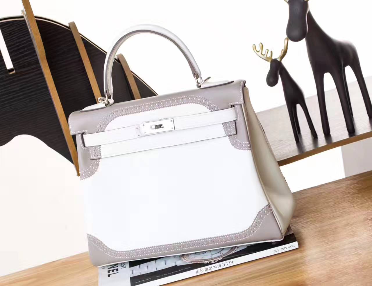 爱马仕凯莉包尺寸 Hermes Kelly 28cm 珍珠白拼斑鸠灰原厂swift皮