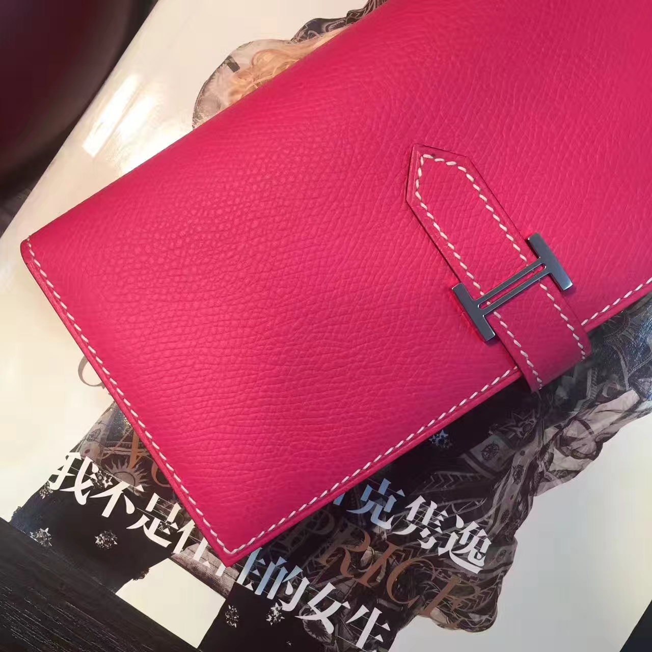 爱马仕钱夹手包 Hermes E5糖果粉原厂epsom牛皮长款钱包