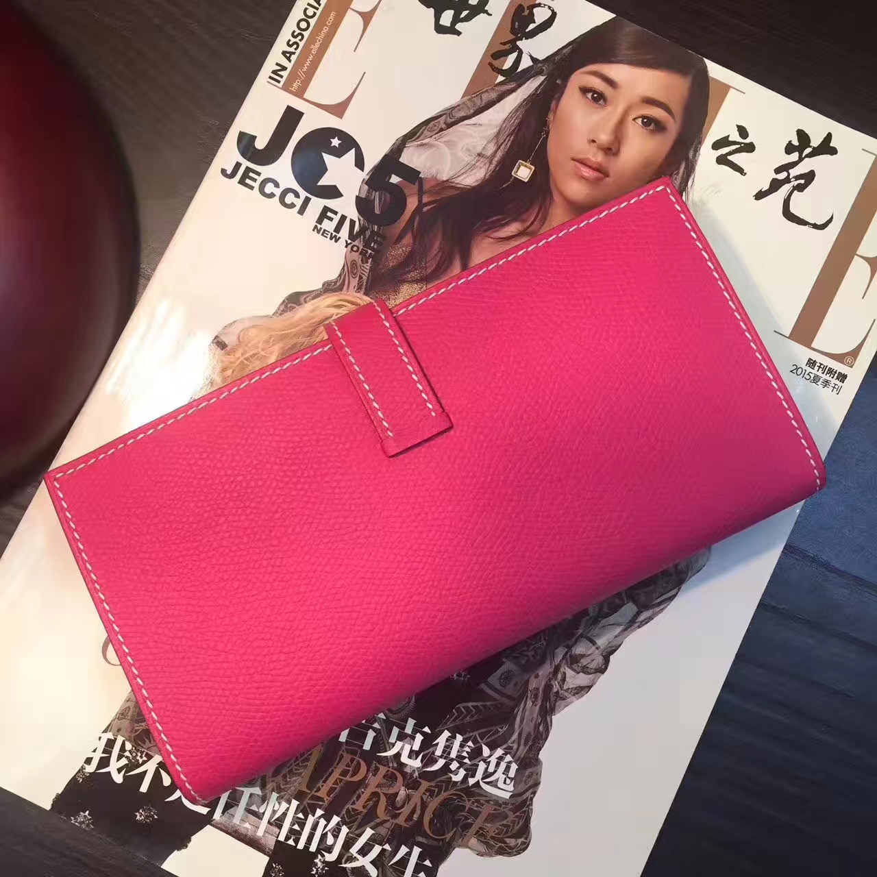 爱马仕钱夹手包 Hermes E5糖果粉原厂epsom牛皮长款钱包