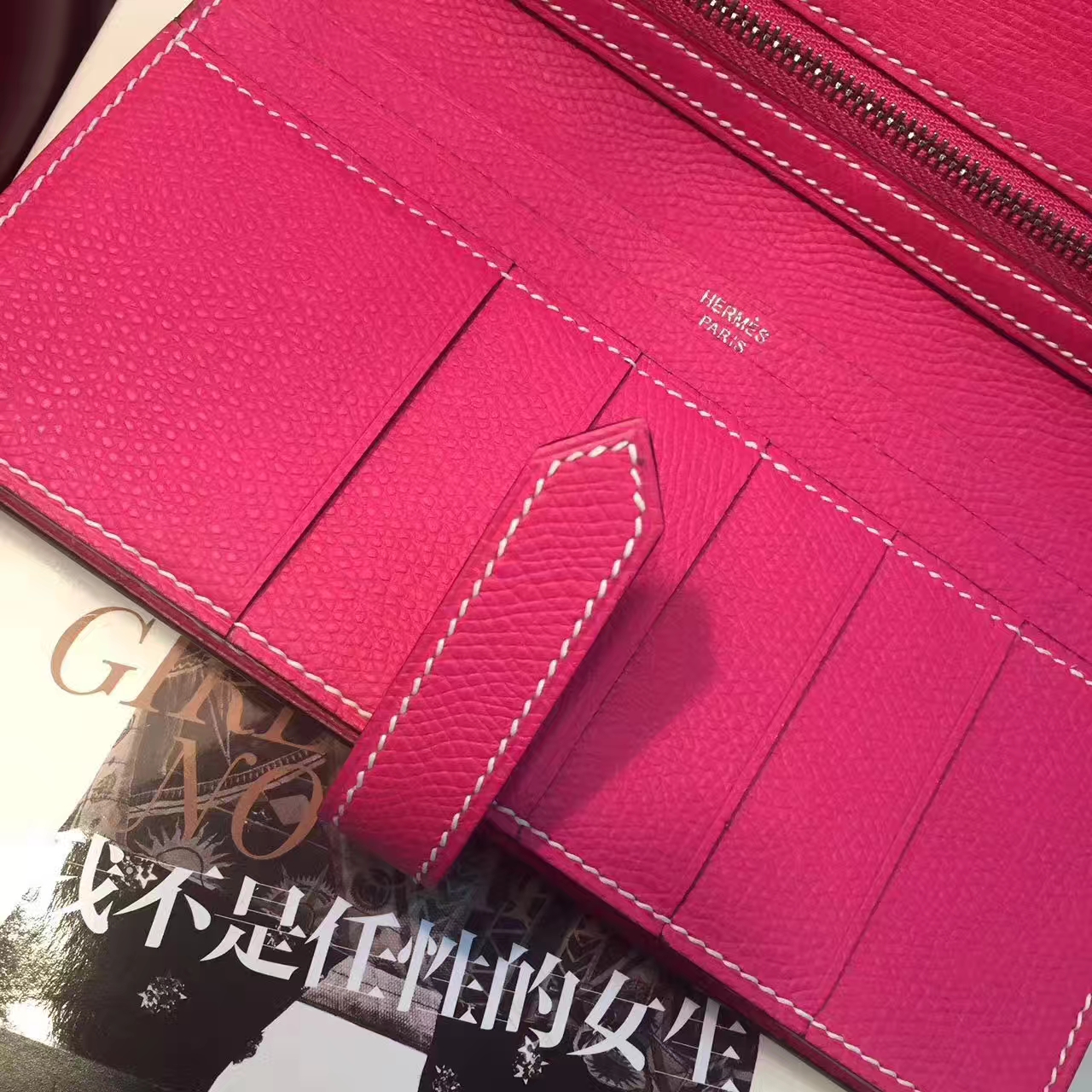 爱马仕钱夹手包 Hermes E5糖果粉原厂epsom牛皮长款钱包