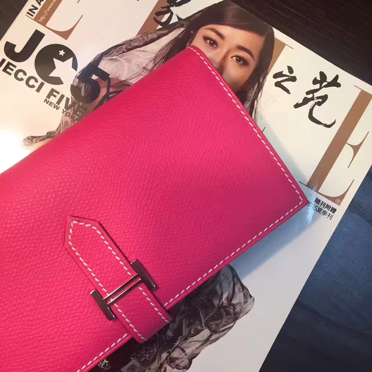 爱马仕钱夹手包 Hermes E5糖果粉原厂epsom牛皮长款钱包
