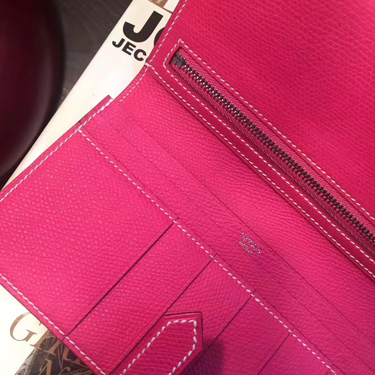 爱马仕钱夹手包 Hermes E5糖果粉原厂epsom牛皮长款钱包