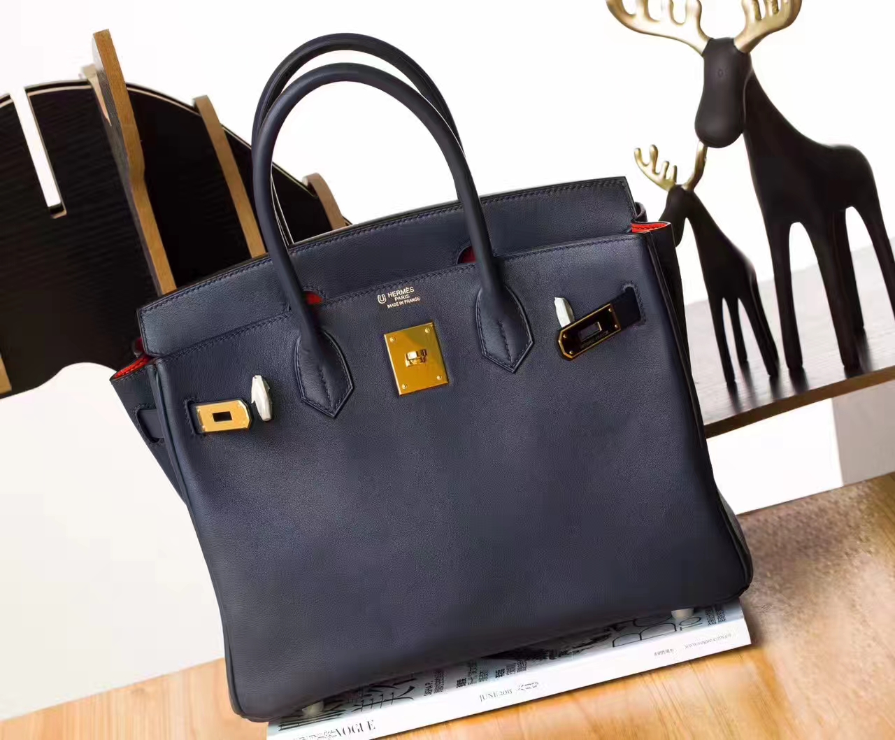 Hermes女包批发 爱马仕午夜蓝拼罂粟橘原厂Swift牛皮Birkin30铂金包