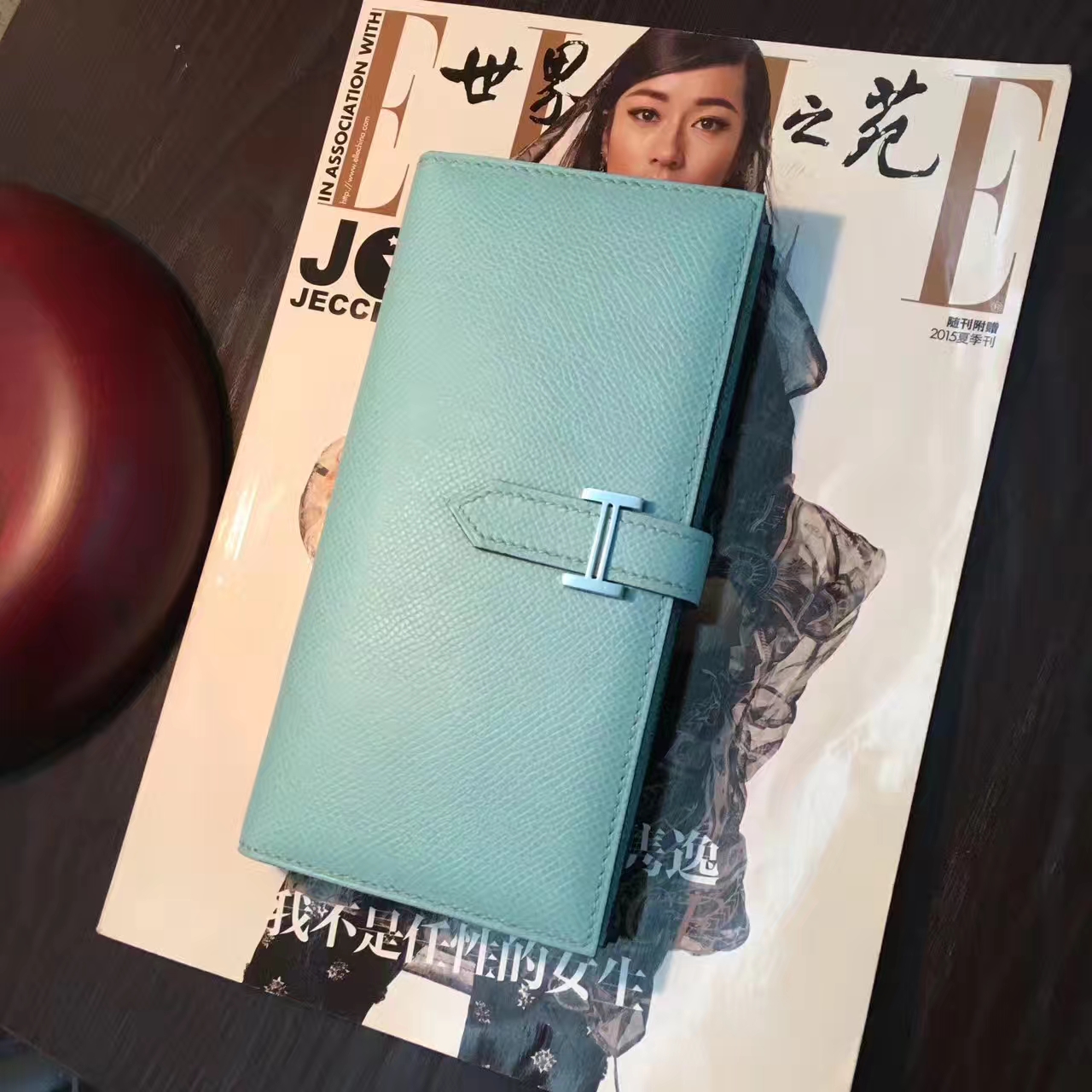爱马仕H扣钱包 Hermes 3P马卡龙蓝原厂epsom牛皮西装夹钱夹
