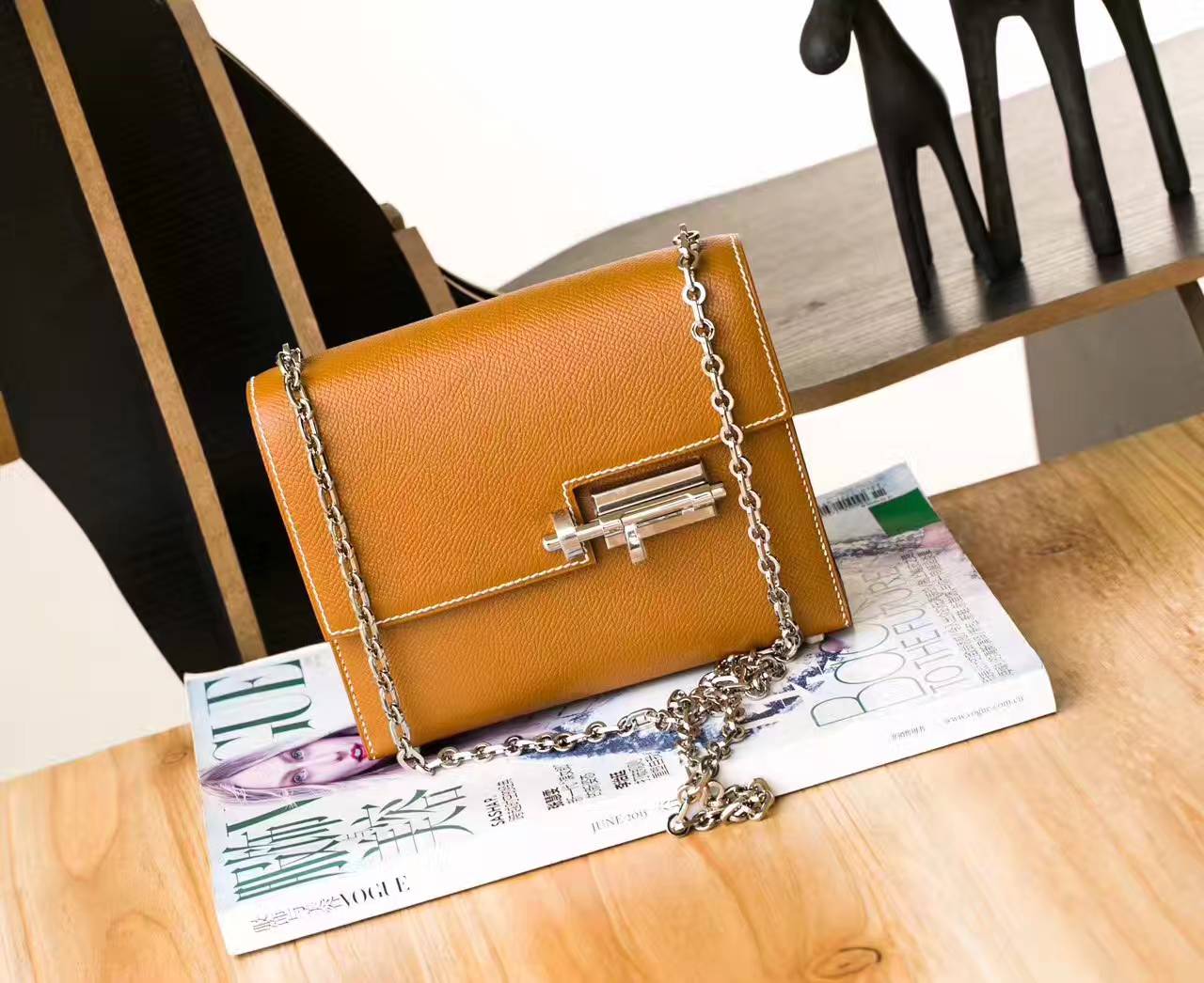 爱马仕单肩女包 Hermes Verrou 17cm 金色原厂Epsom牛皮 银扣