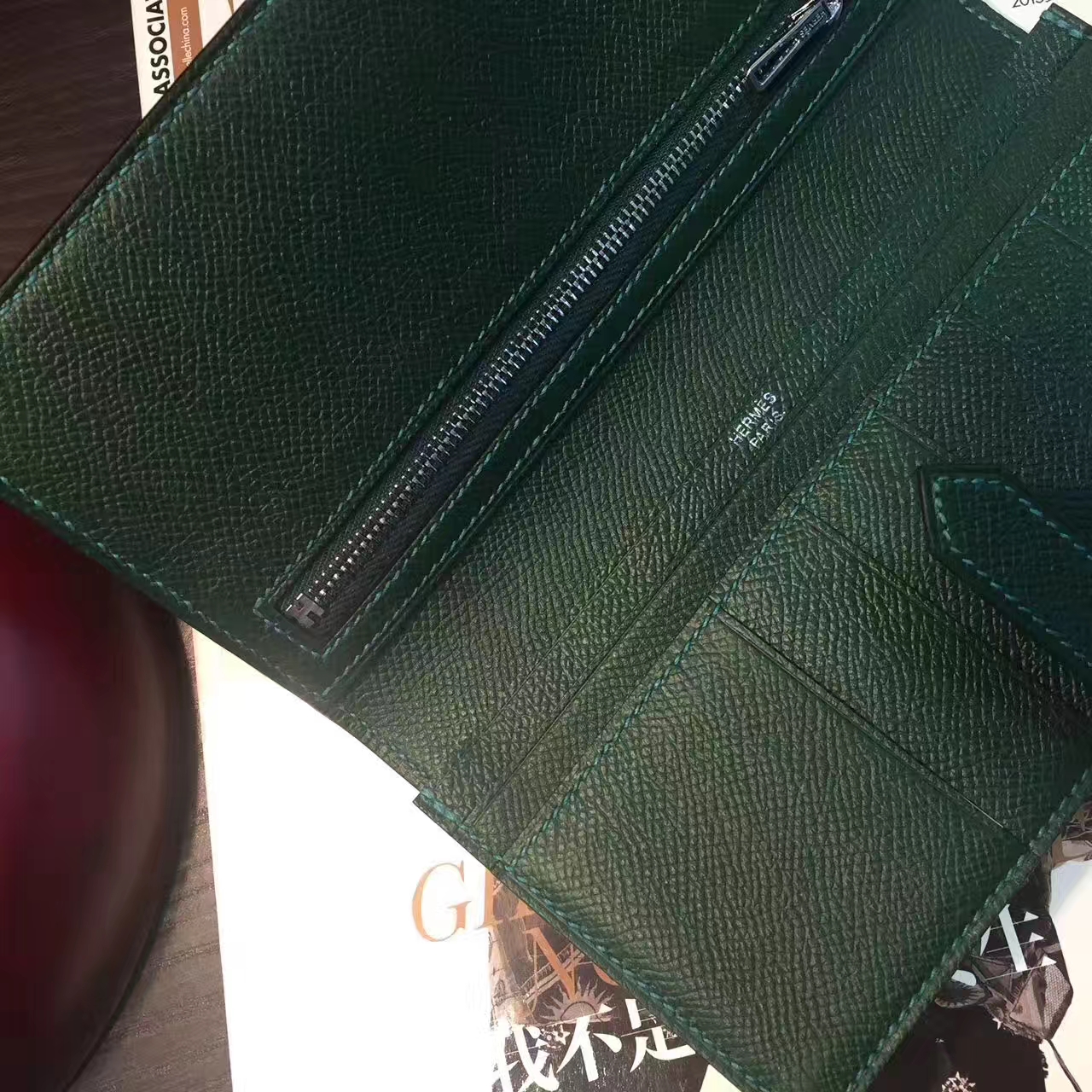 爱马仕钱包价格 Hermes 墨绿原厂epsom牛皮H扣长款钱夹