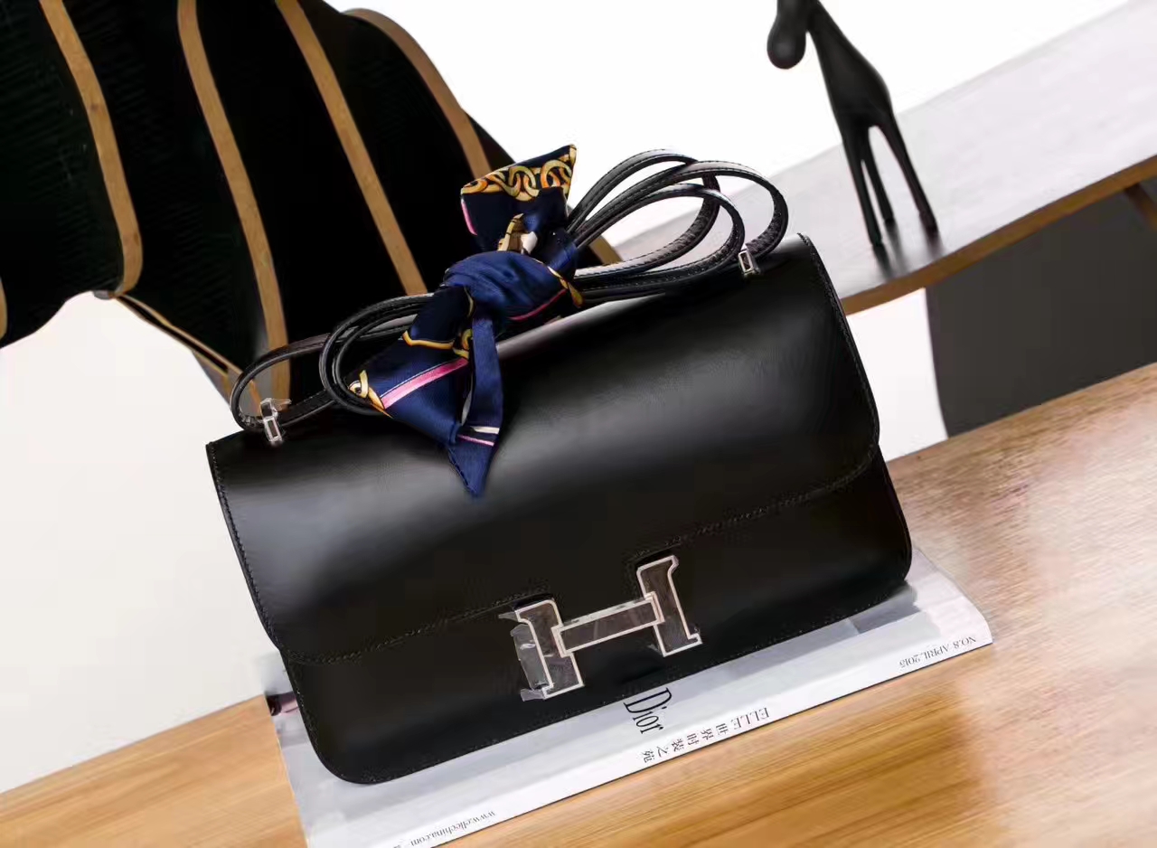 Hermes空姐包价格 爱马仕89黑色原厂Box牛皮康斯坦包26cm 金扣