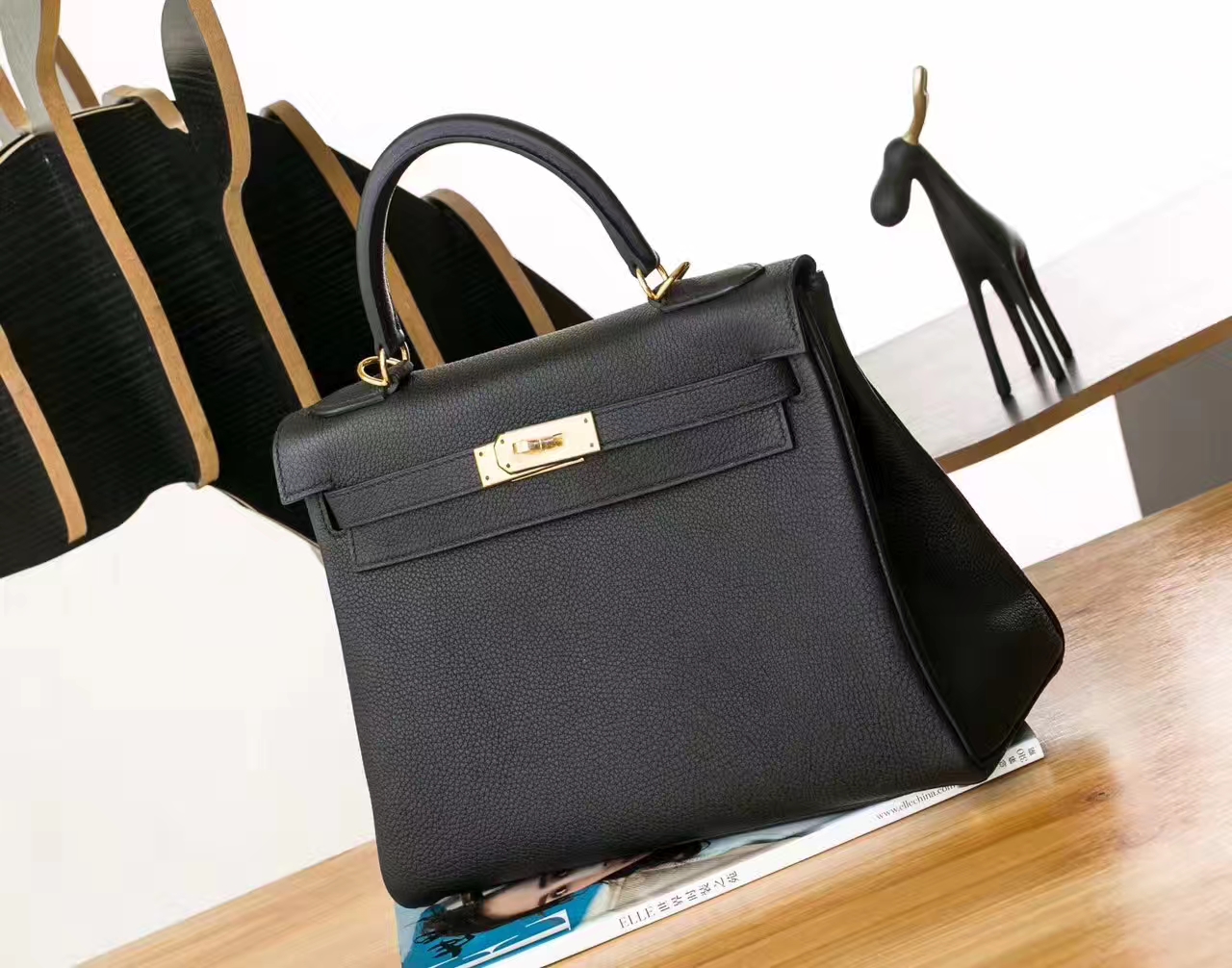 爱马仕包包官网 Hermes Kelly 28cm 黑色原厂togo牛皮凯莉包