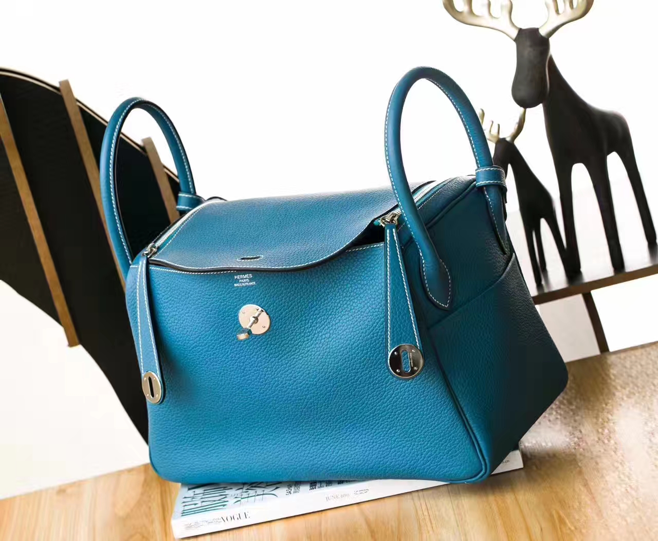 爱马仕Lindy包价格 Hermes 75牛仔蓝原厂TC牛皮琳迪包26cm 银扣