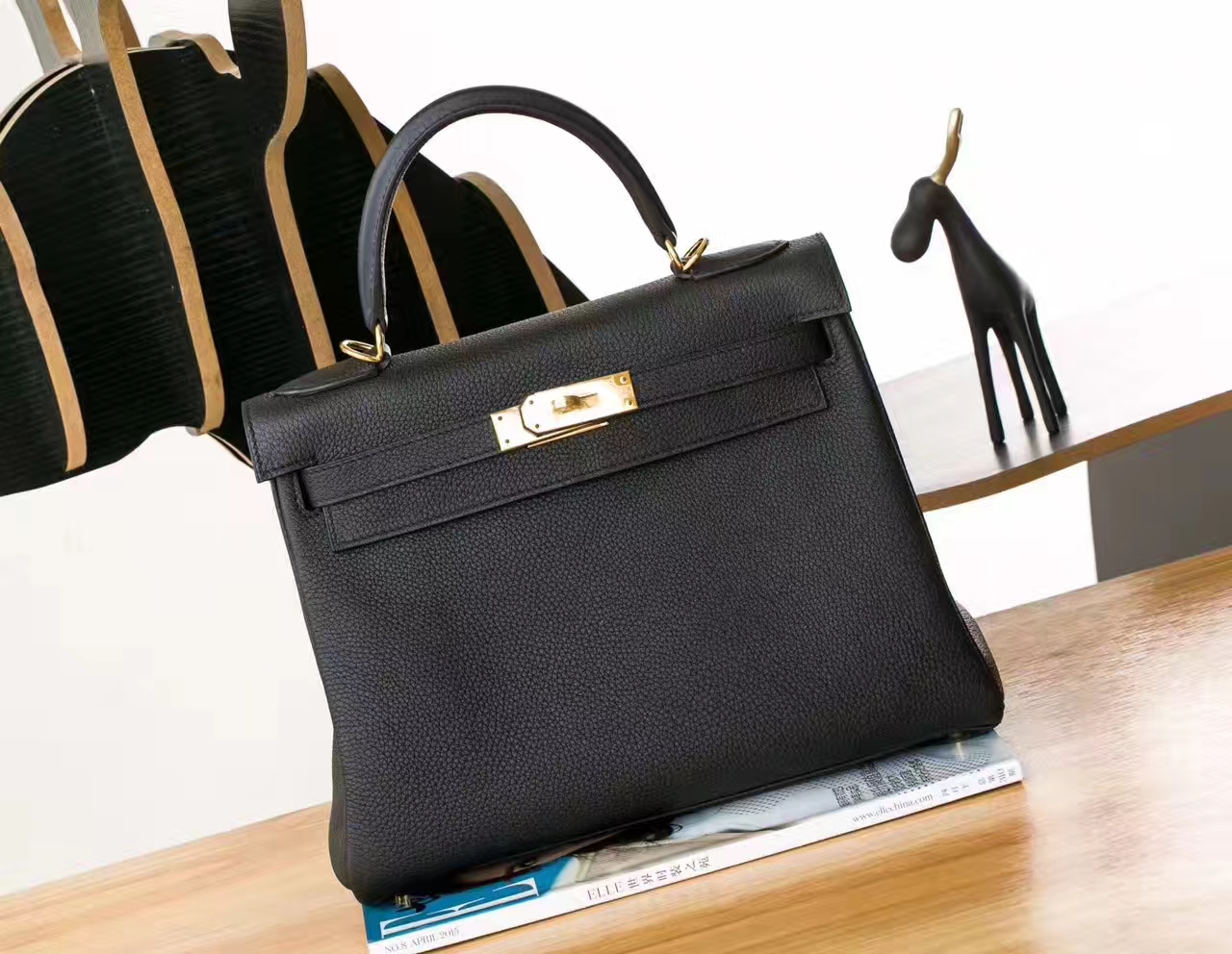 爱马仕包包官网 Hermes Kelly 28cm 黑色原厂togo牛皮凯莉包