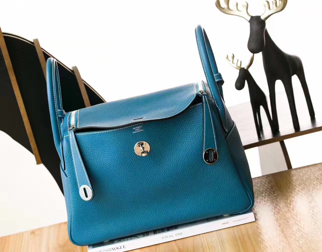 爱马仕Lindy包价格 Hermes 75牛仔蓝原厂TC牛皮琳迪包26cm 银扣