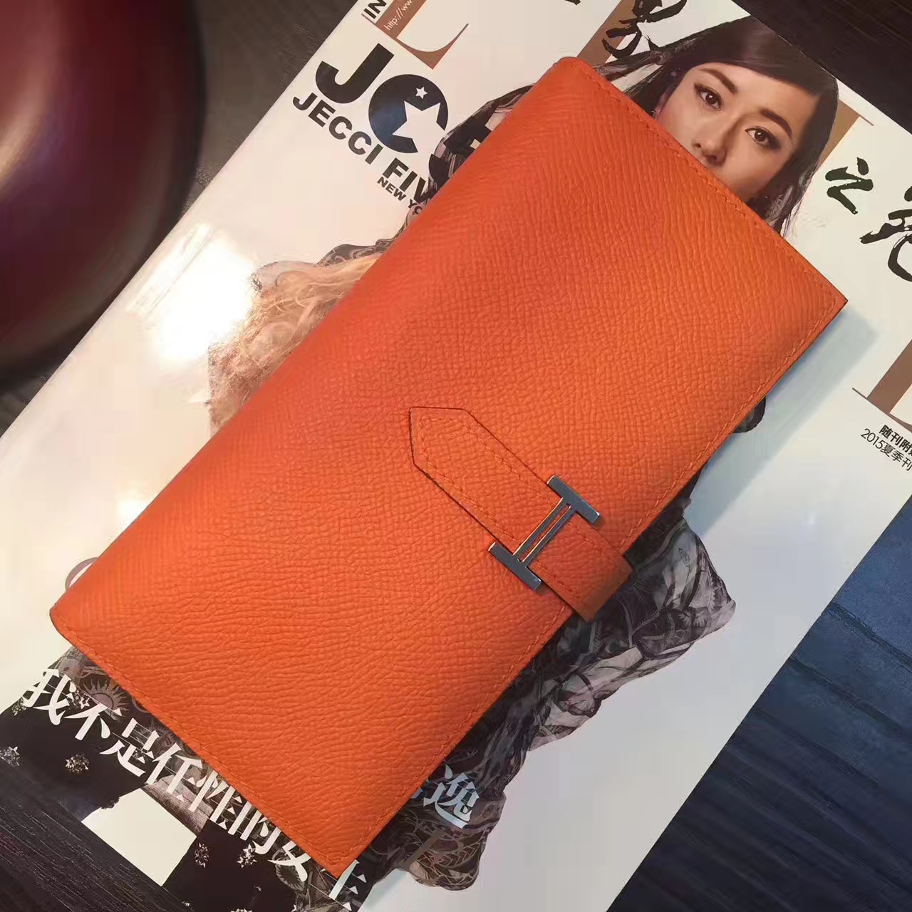 Hermes钱包价格 爱马仕橙色原厂epsom牛皮长款钱夹手包