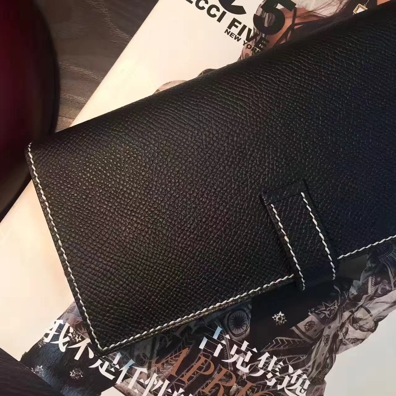 爱马仕长款钱夹 Hermes黑色原厂epsom牛皮H扣钱包 白色线