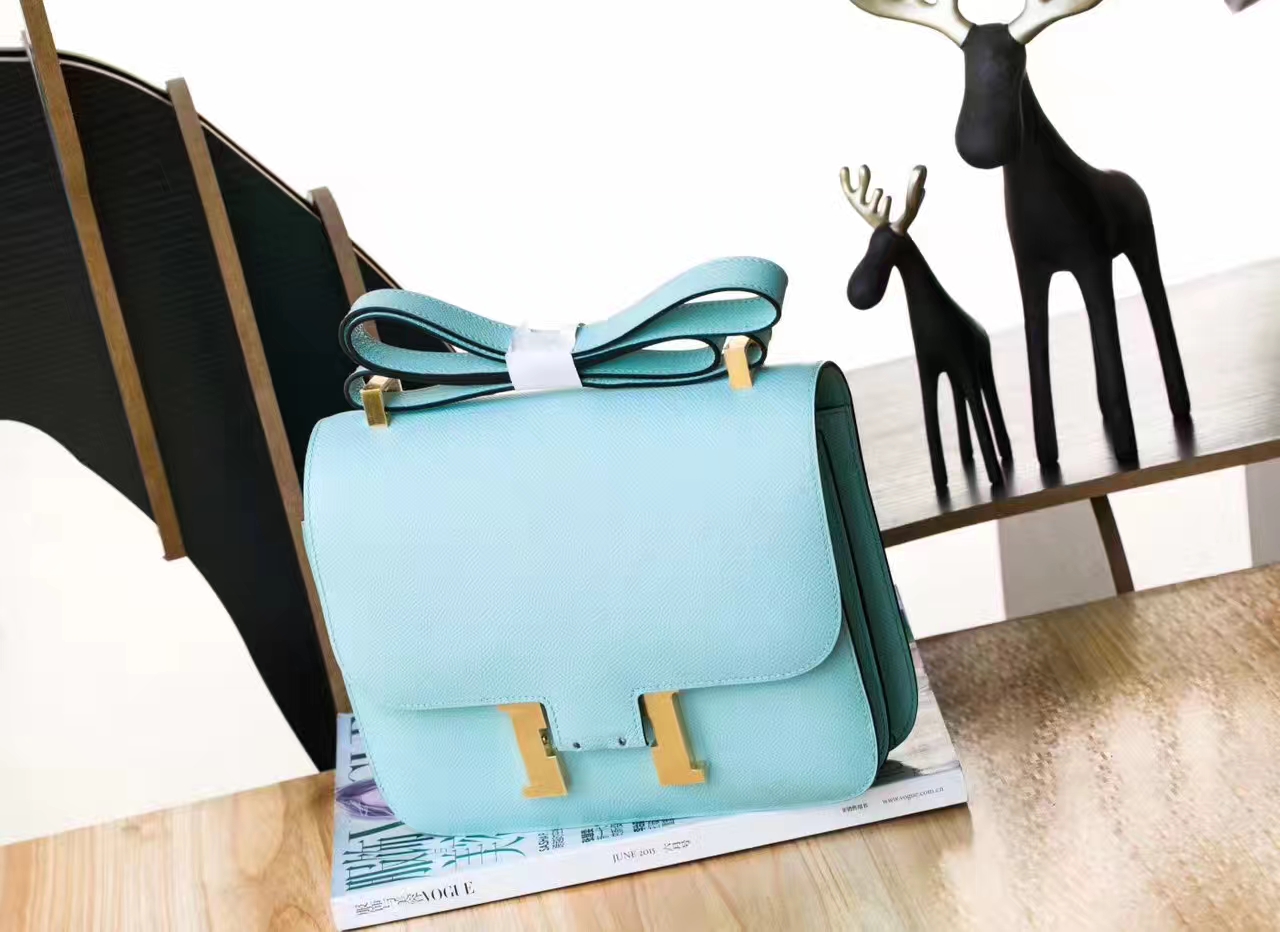 Hermes Constance 19cm 爱马仕3P马卡龙蓝原厂Epsom皮空姐包 金扣