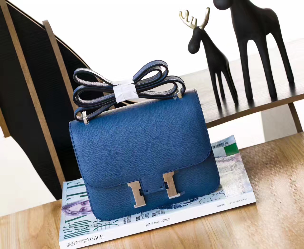 爱马仕康斯坦包 Hermes Constance18cm CK73宝石蓝Epsom牛皮 银扣