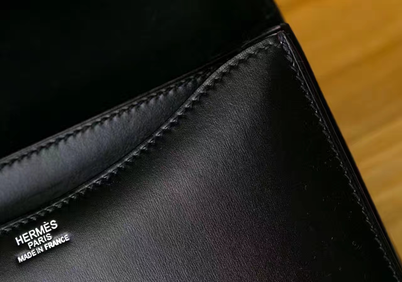 爱马仕康斯坦包 Hermes黑色原厂box牛皮空姐包19cm 蜥蜴扣