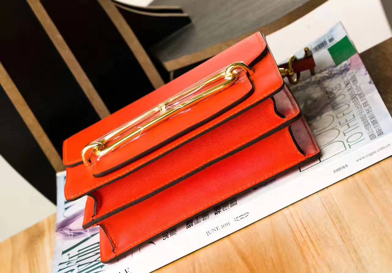 爱马仕女包批发 Hermes Roulis 19cm 艳橙色原厂Swift牛皮猪鼻子包
