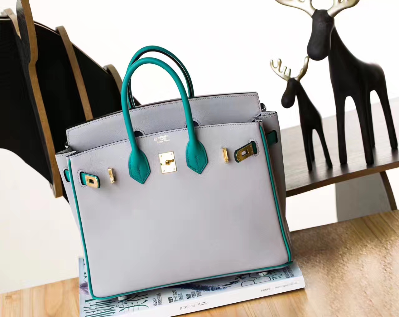 爱马仕Birkin女包 Hermes冰川蓝拼孔雀蓝原厂Swift牛皮铂金包25cm
