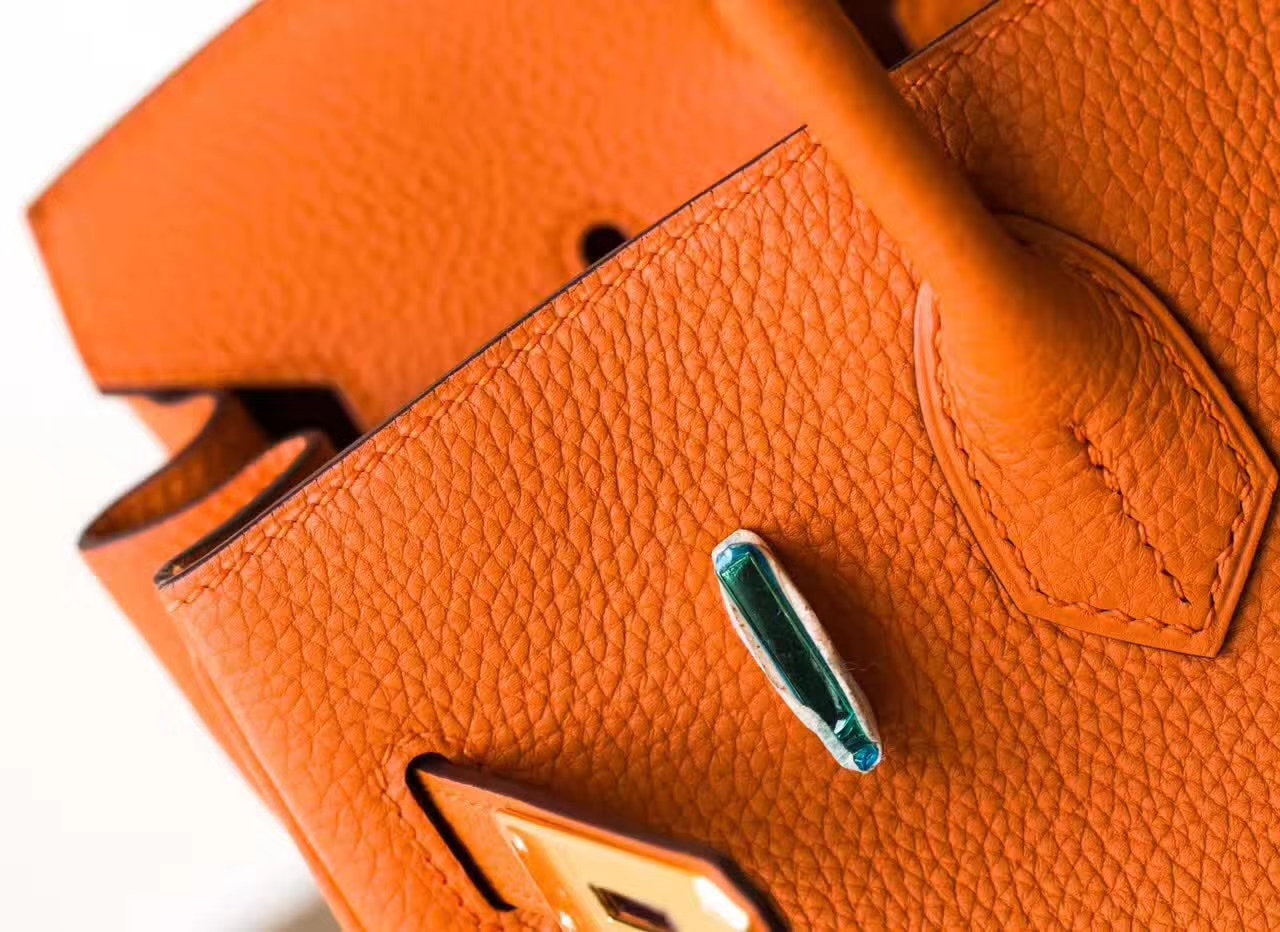 Hermes包包官网 爱马仕Birkin30铂金包 橙色原厂togo牛皮 金扣