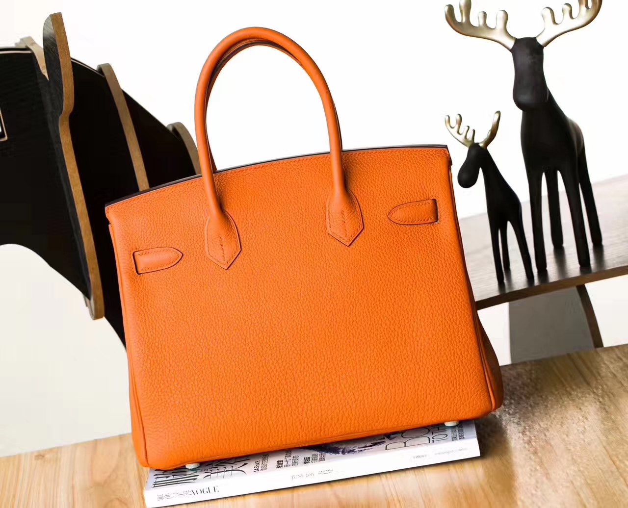 Hermes包包官网 爱马仕Birkin30铂金包 橙色原厂togo牛皮 金扣