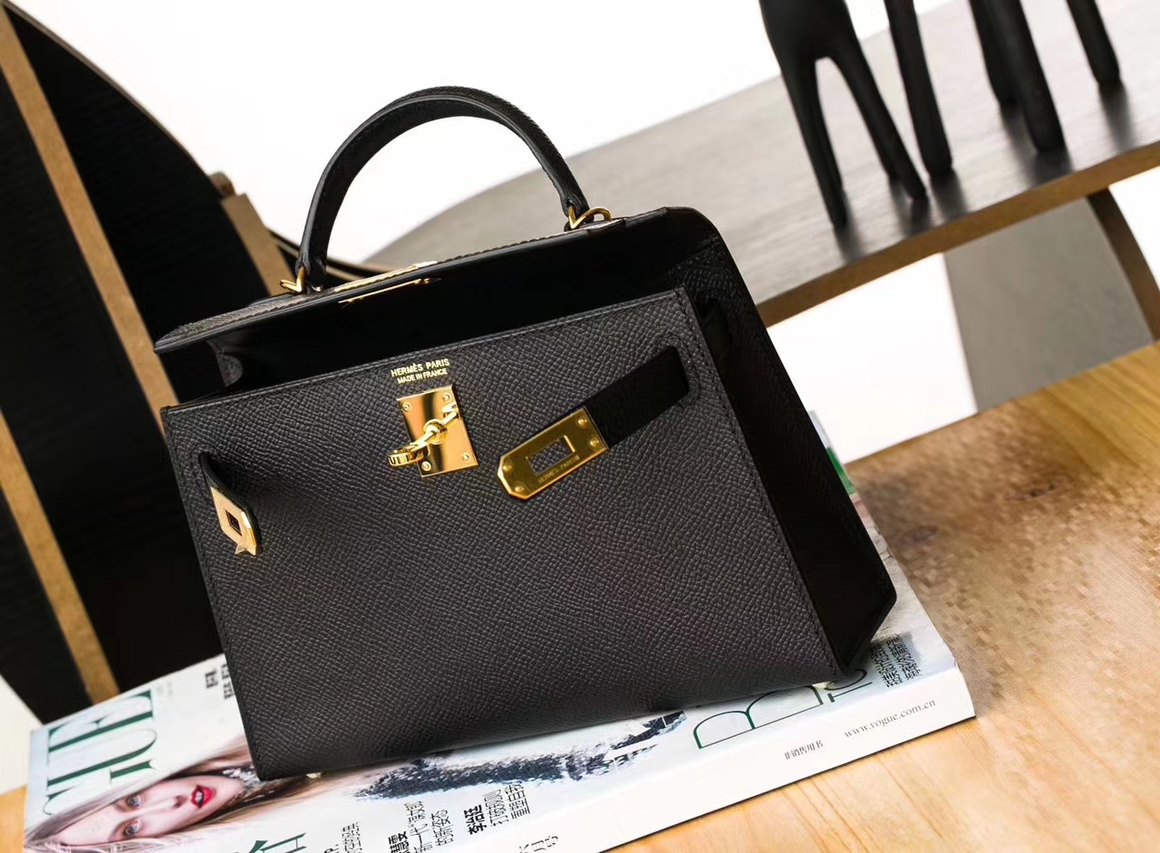 爱马仕迷你凯莉包 Hermes Minikelly2代 黑色原厂Epsom牛皮 金扣