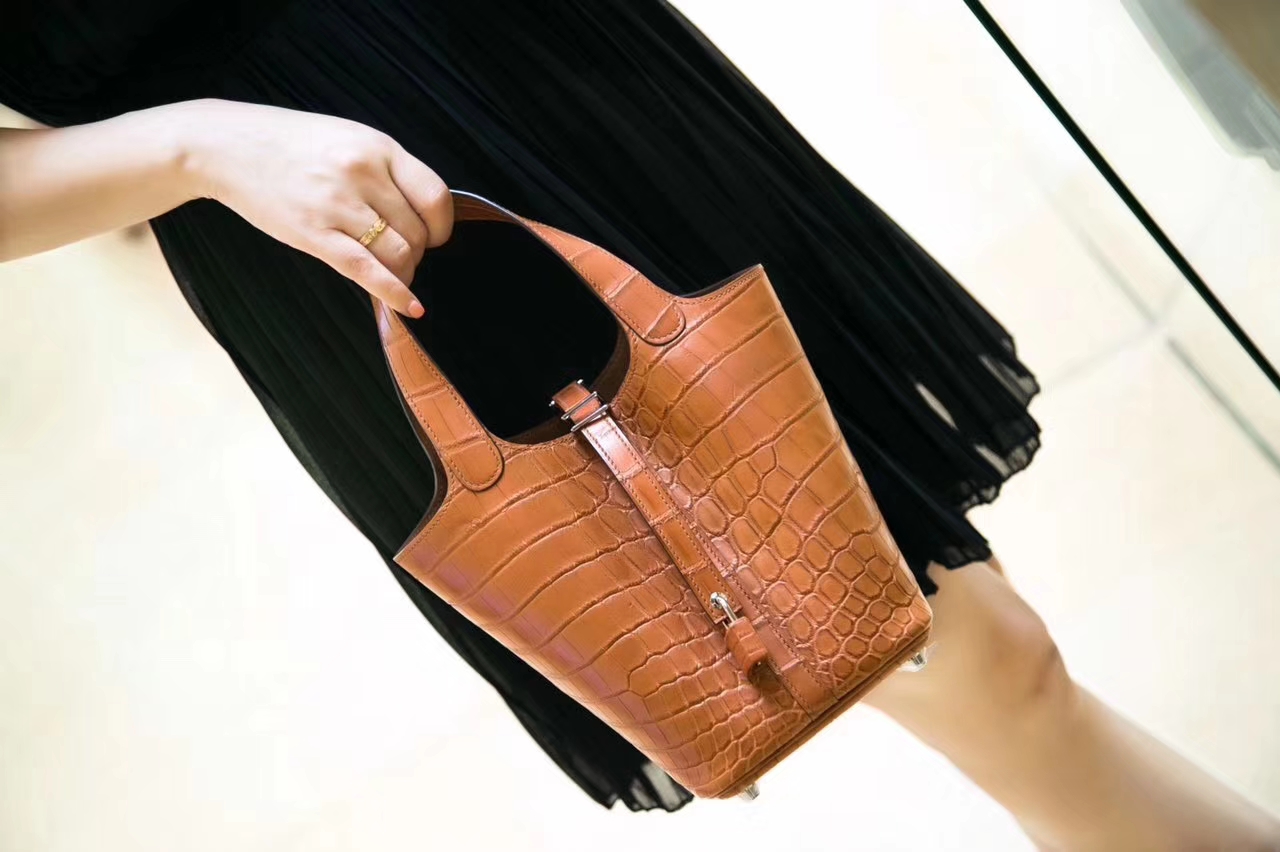 Hermes Picotin 18cm 爱马仕菜篮子包 古铜色雾面鳄鱼皮 金扣