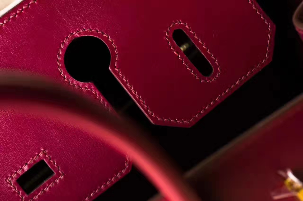 Hermes包包官网 爱马仕宝石红原厂box牛皮Birkin30铂金包 金扣