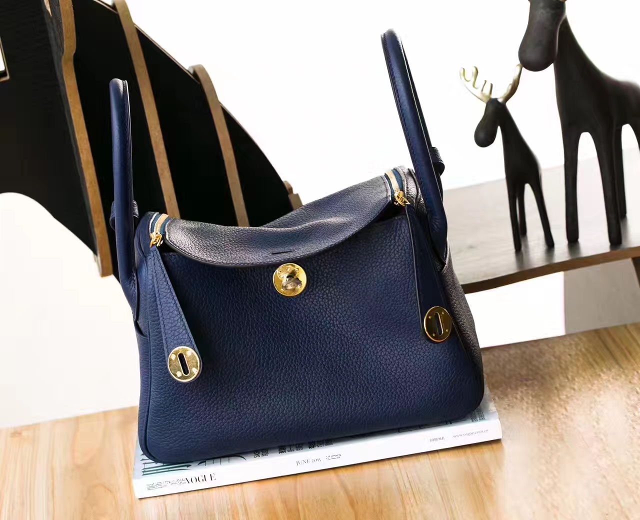 Hermes Lindy 26cm 爱马仕CK73宝石蓝原厂TC牛皮琳迪包 金扣