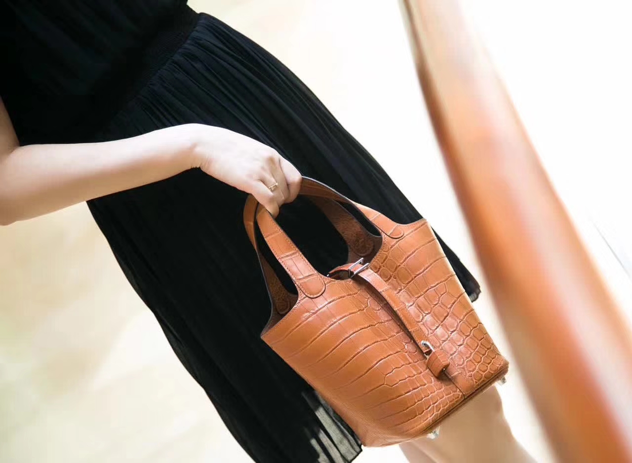 Hermes Picotin 18cm 爱马仕菜篮子包 古铜色雾面鳄鱼皮 金扣