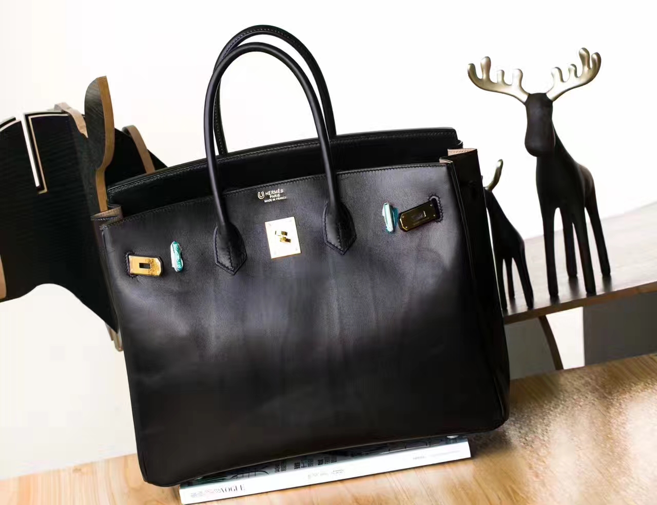爱马仕铂金包价格 Hermes Birkin 35cm黑色原厂box牛皮内拼斑鸠灰