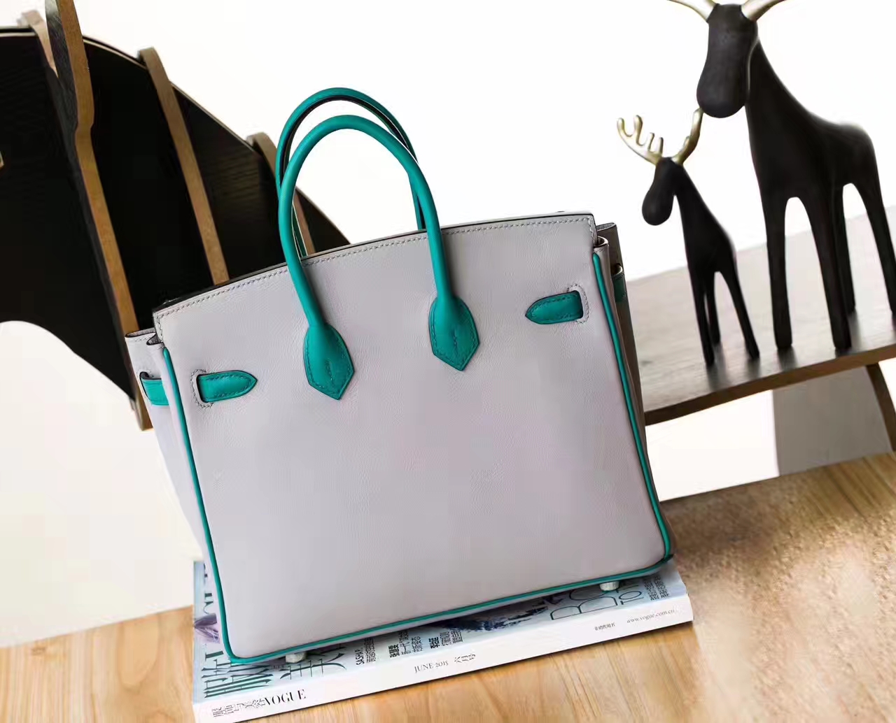 爱马仕Birkin女包 Hermes冰川蓝拼孔雀蓝原厂Swift牛皮铂金包25cm