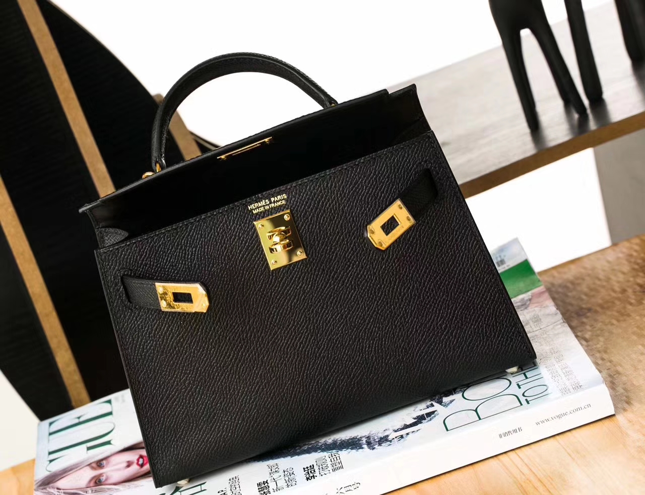 爱马仕迷你凯莉包 Hermes Minikelly2代 黑色原厂Epsom牛皮 金扣