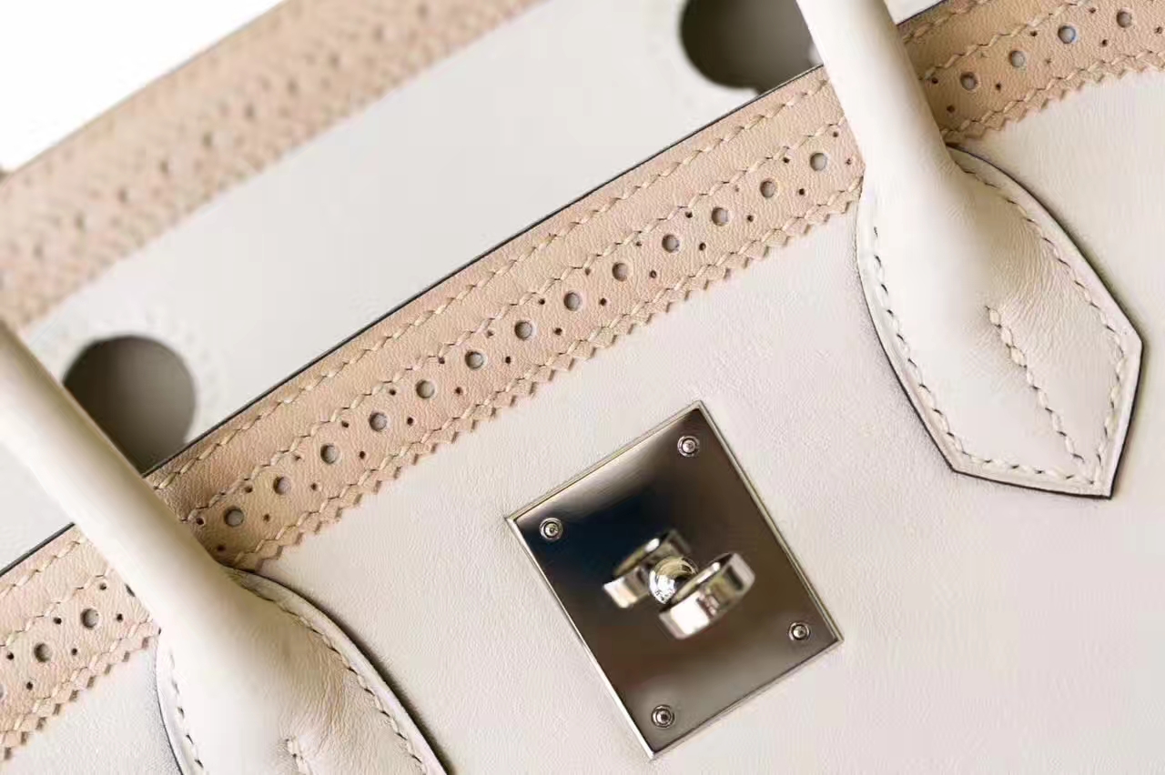 Hermes爱马仕珍珠灰拼斑鸠灰原厂Swift牛皮蕾丝铂金包Birkin30cm
